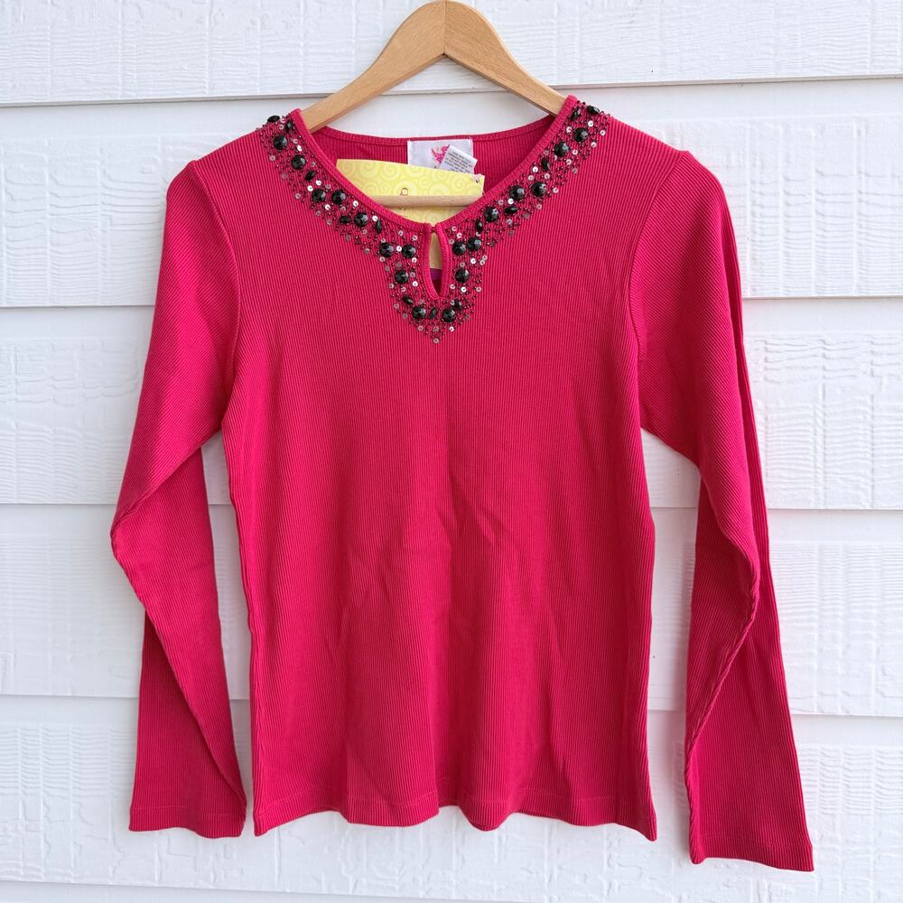 Quacker Factory Red Rhinestone V-Neck Ribbed Cotton Top XS NWT, Y2K